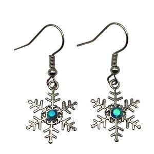 Silver Color Metal Snowflake Earrings Aqua Iridescent Rhinestone Earrings